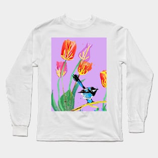 Abstract Blue Wren and Tulips Painting - on Lilac Long Sleeve T-Shirt